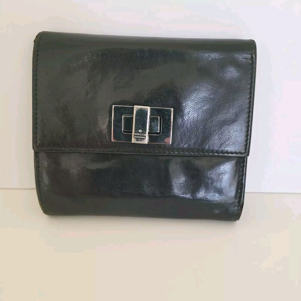 GUCCI Turnlock Leather Card Bill Wallet‎ Medium Monogram Tifold Black Unisex
